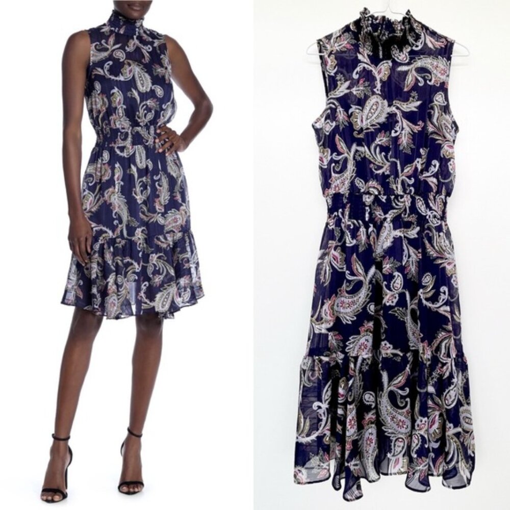 Nanette Lepore Navy Paisley High-Neck Smocked Midi Dress Size 8 - Picture 1 of 10